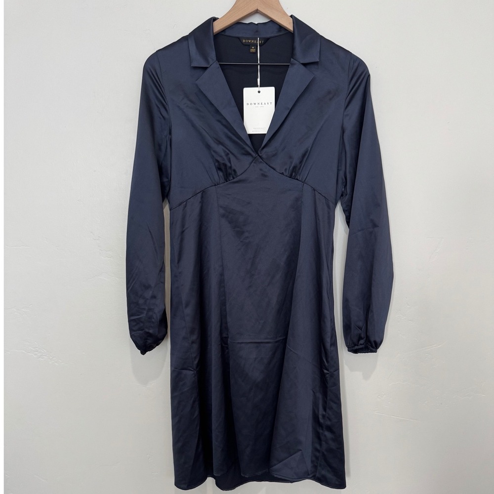 NWT Downeast Alexander Satin Dress Blue Nights Fit and Flare Navy Long Sleeve M